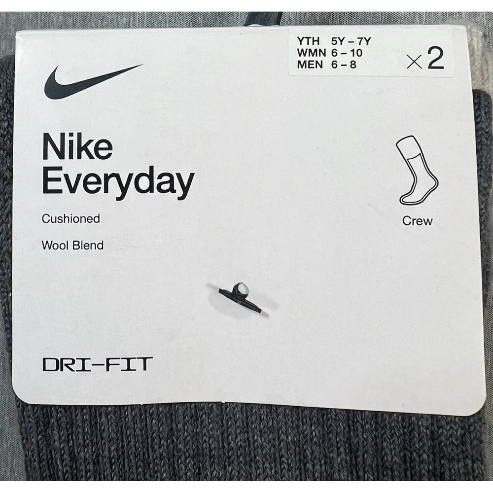 NEW 2 Pair Nike Everyday Wool Blend‎ Men's 6-8 Cushioned Crew Socks W 6-10 Grey